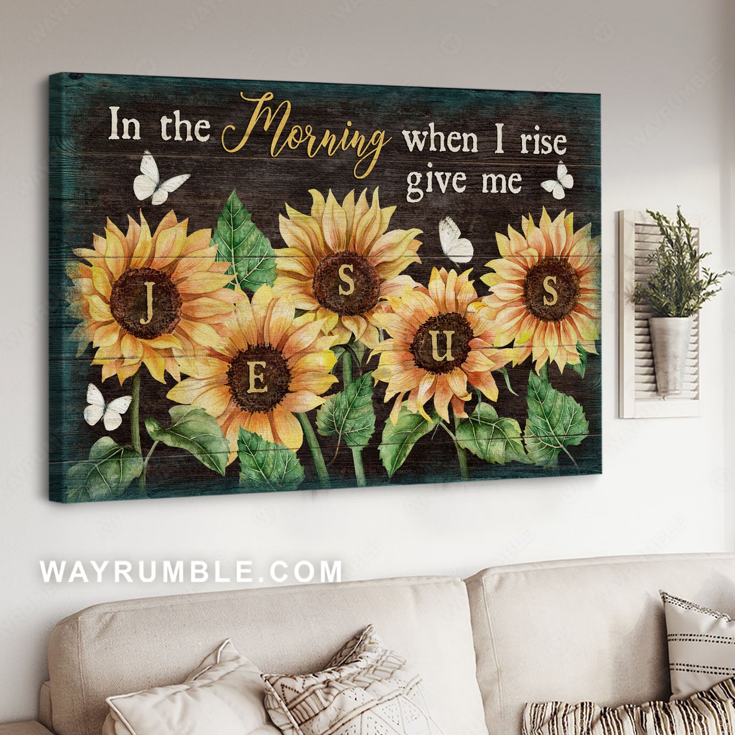 Vintage painting, Watercolor sunflower, White butterfly, In the morning when I rise - Jesus Landscape Canvas Prints, Home Decor Wall Art