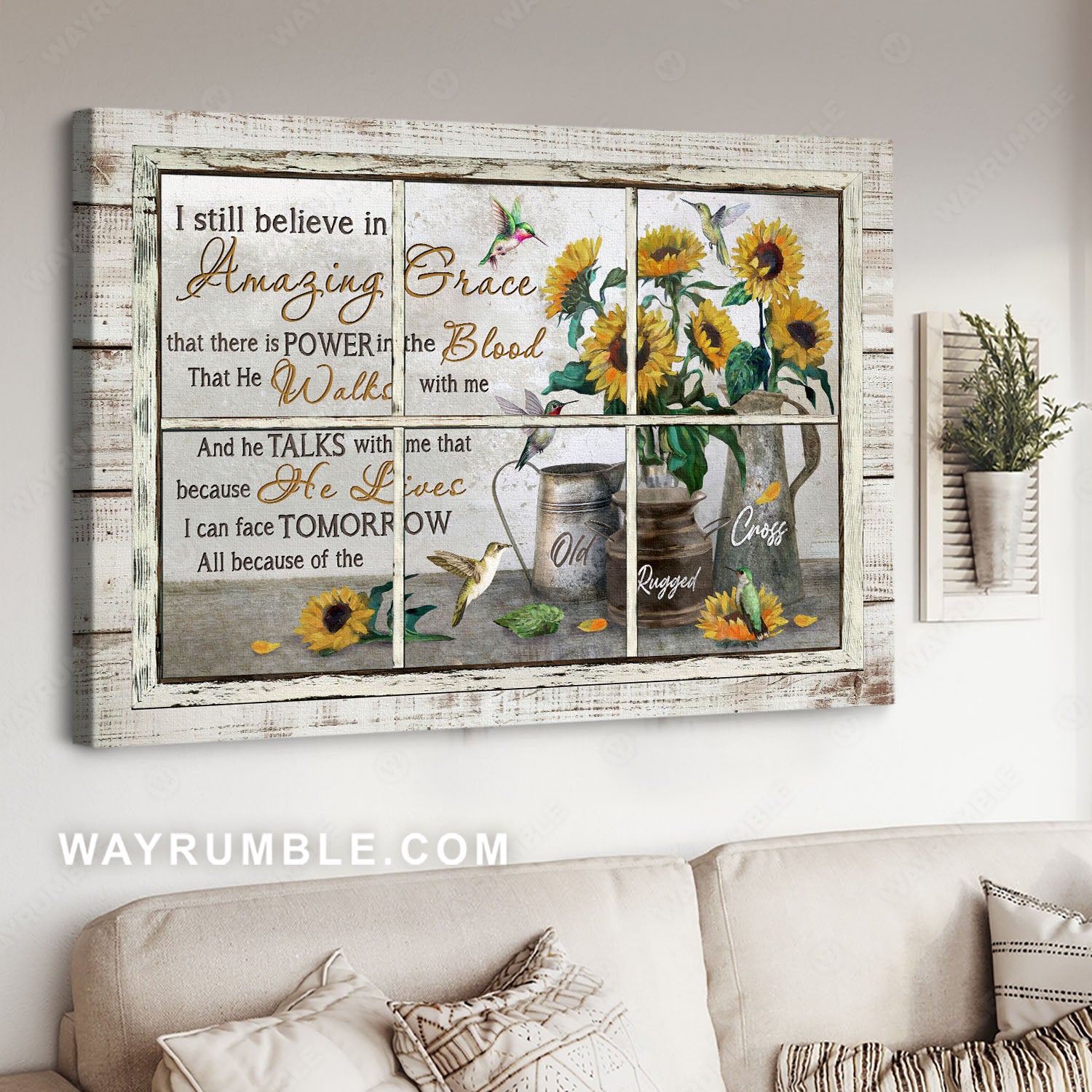 Hummingbird painting, Vintage sunflower art, I still believe in amazing grace - Jesus Landscape Canvas Prints, Home Decor Wall Art