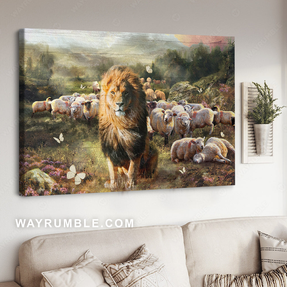 Lion of Judah, Lamb of God, Meadow painting, Peaceful place - Jesus Landscape Canvas Prints, Christian Wall Art