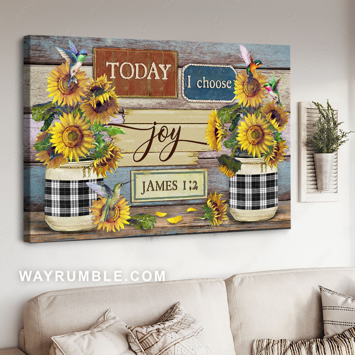 Vintage sunflower jar, Hummingbird painting, Bible verse, Today I choose joy - Jesus Landscape Canvas Prints, Home Decor Wall Art