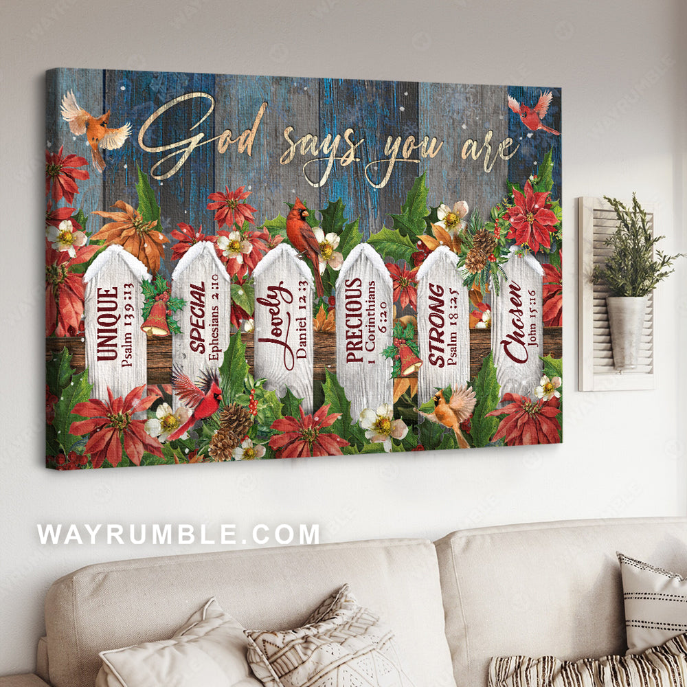 Awesome garden fence, Red cardinal, Winter season, God says you are - Jesus Landscape Canvas Prints, Home Decor Wall Art