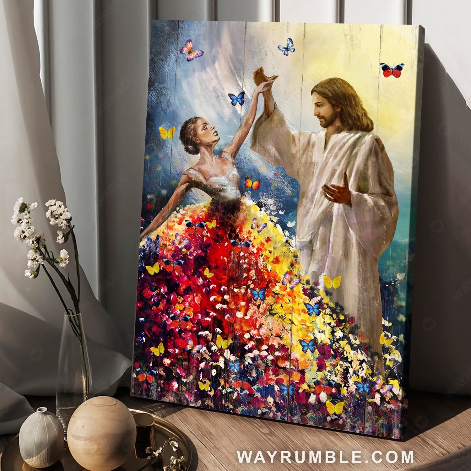 Gorgeous ballerina, Watercolor ballet dress, Colorful butterflies, Dancing with Jesus - Jesus Portrait Canvas Prints, Home Decor Wall Art