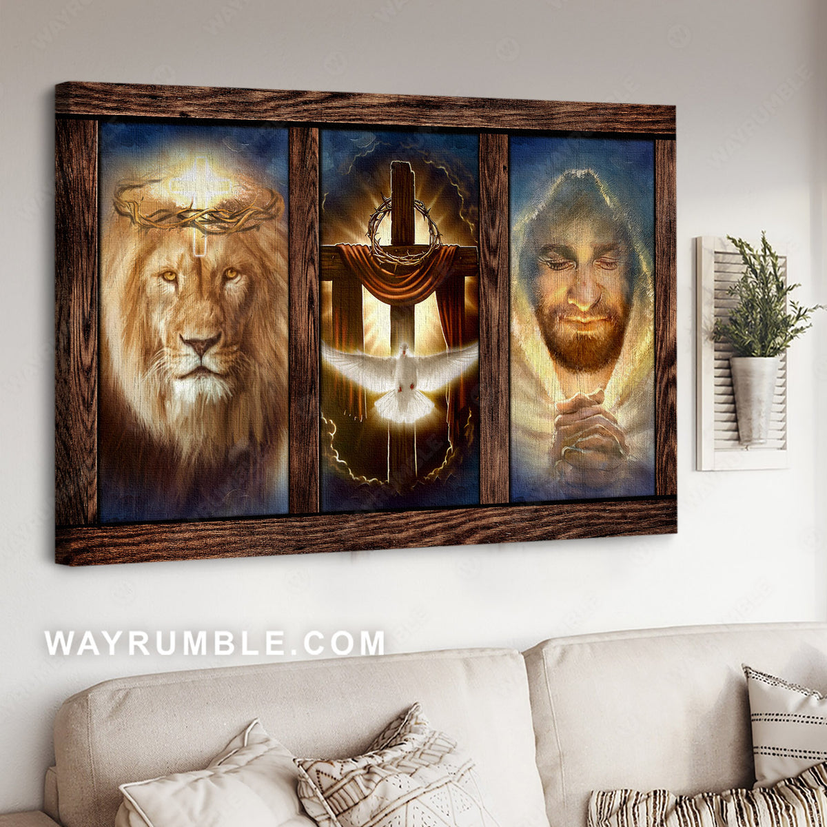 Jesus painting, Lion of Judah, Holy spirit dove, Wooden cross, Crown of thorns - Jesus Landscape Canvas Prints, Christian Wall Art