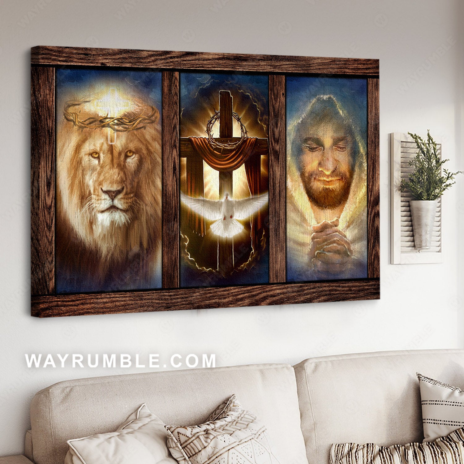 Jesus painting, Lion of Judah, Holy spirit dove, Wooden cross, Crown of thorns - Jesus Landscape Canvas Prints, Christian Wall Art