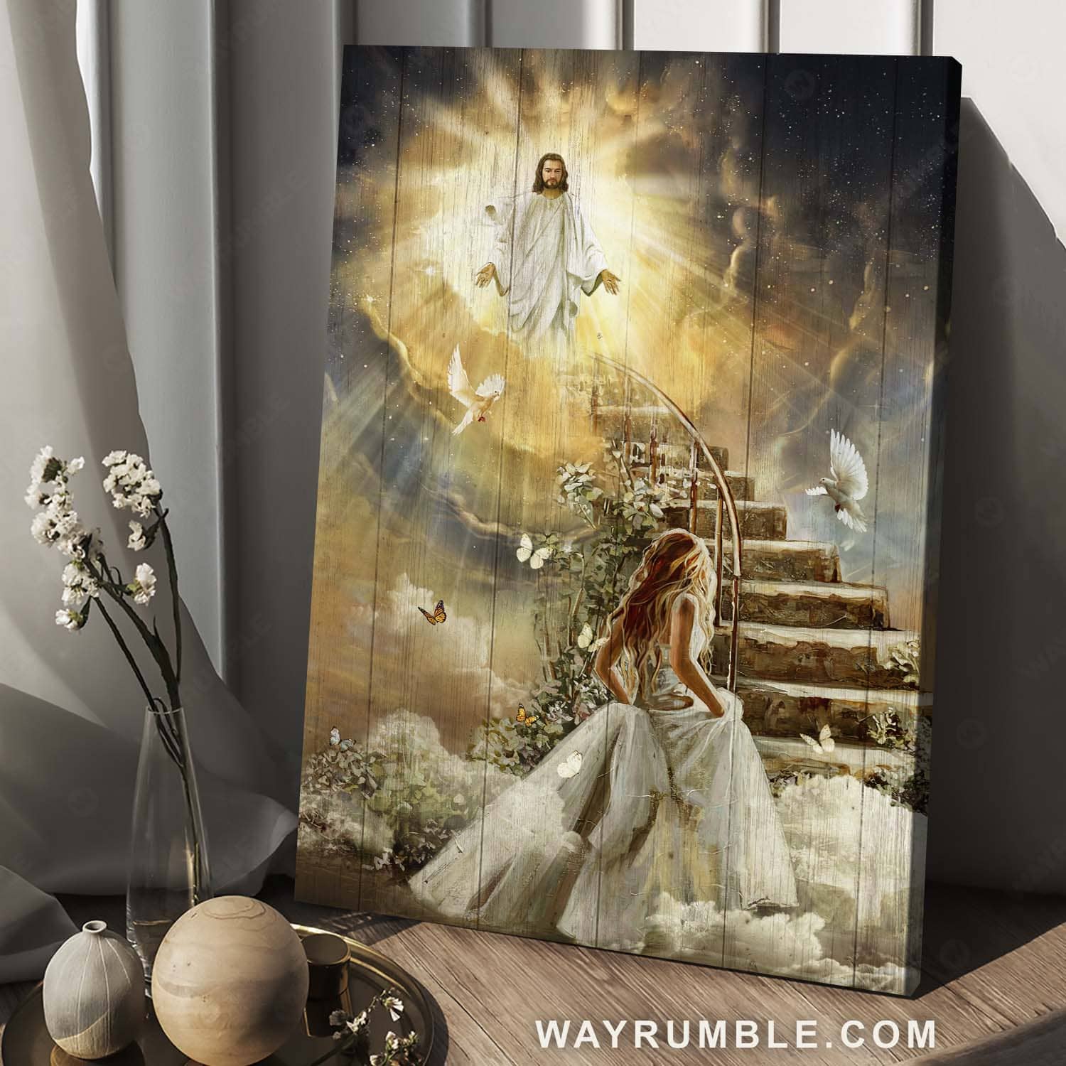 Beautiful heaven, Holy spirit dove, Jesus painting, Stair to heaven, Welcome home - Jesus Portrait Canvas Prints, Christian Wall Art