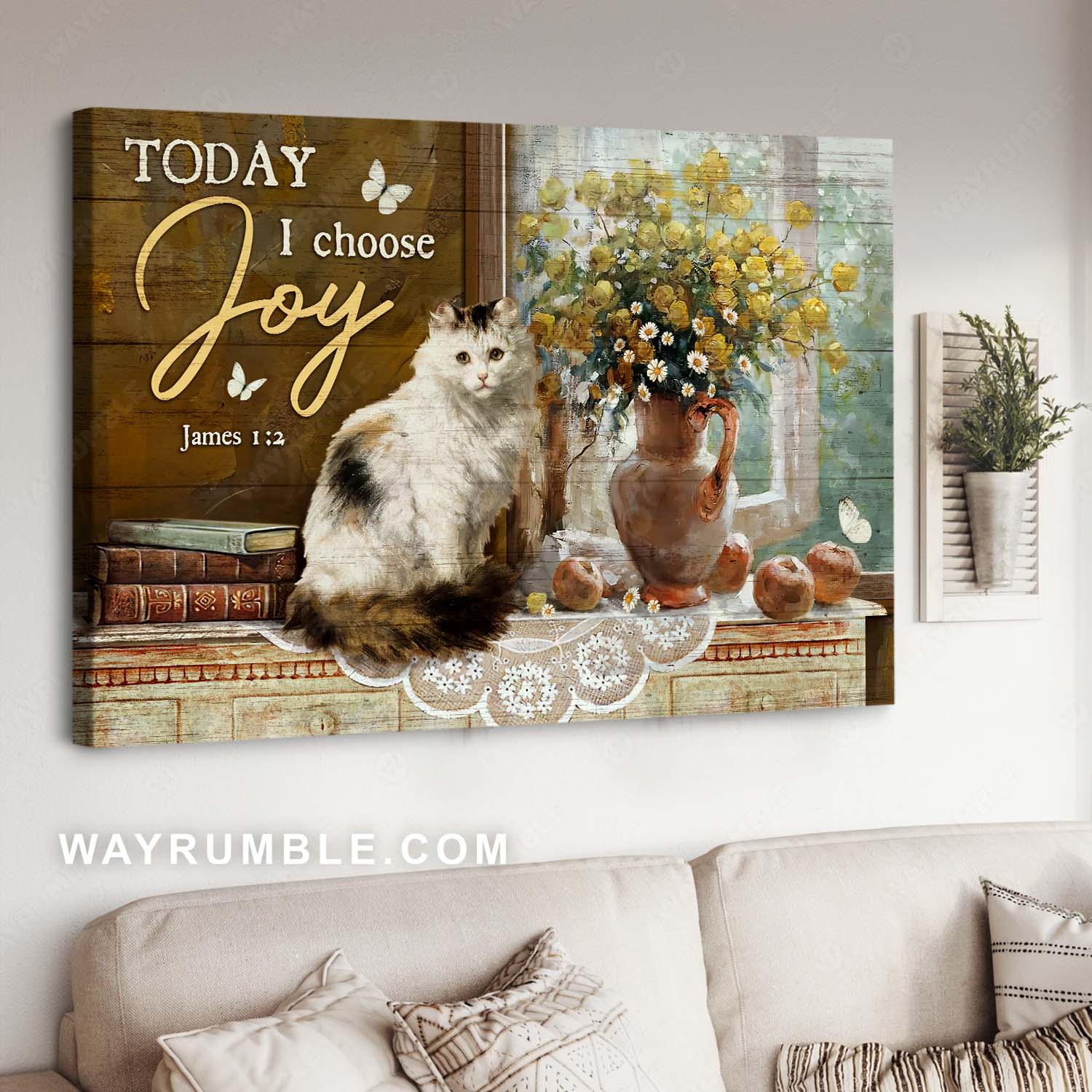 Cat painting, Vintage art, White butterfly, Bible verse, Today I choose joy - Jesus Landscape Canvas Prints, Home Decor Wall Art