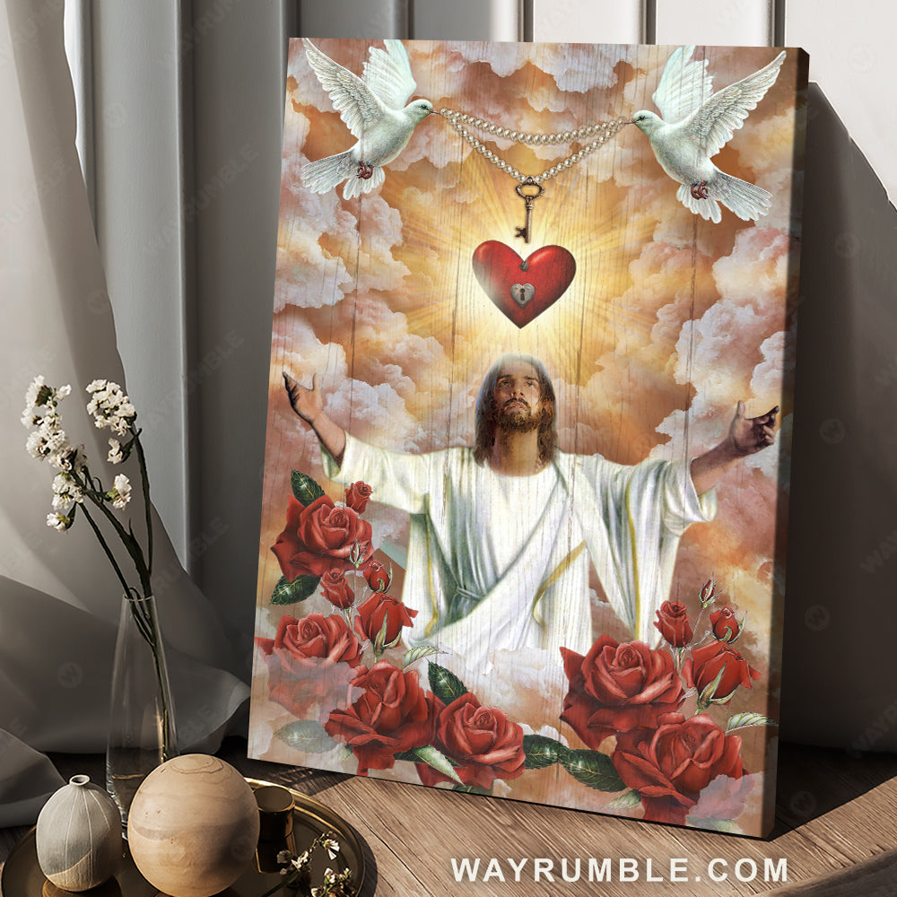 Beautiful Jesus painting, Holy spirit dove, Red roses, The sacred heart of Jesus - Jesus Portrait Canvas Prints, Christian Wall Art