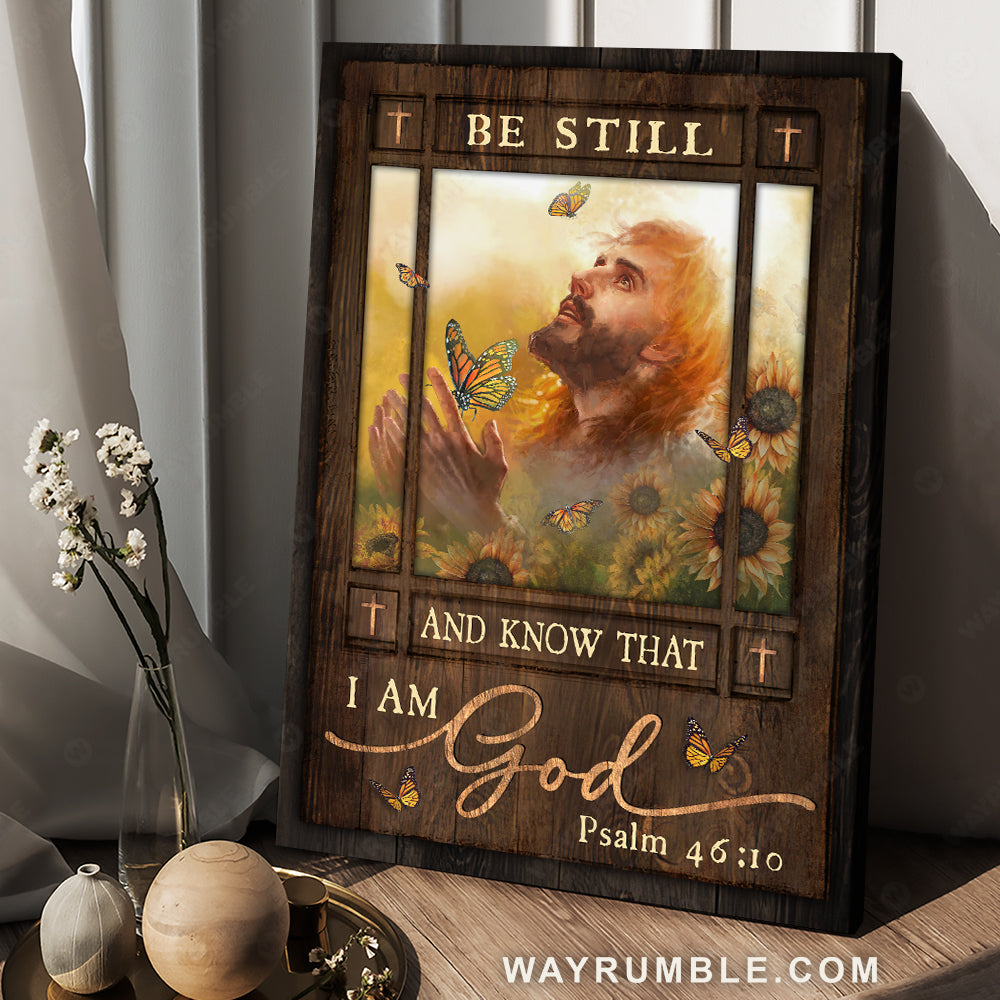 Abstract Jesus painting, Sunflower field, Bible verse, Be still and know that I am God - Jesus Portrait Canvas Prints, Christian Wall Art.