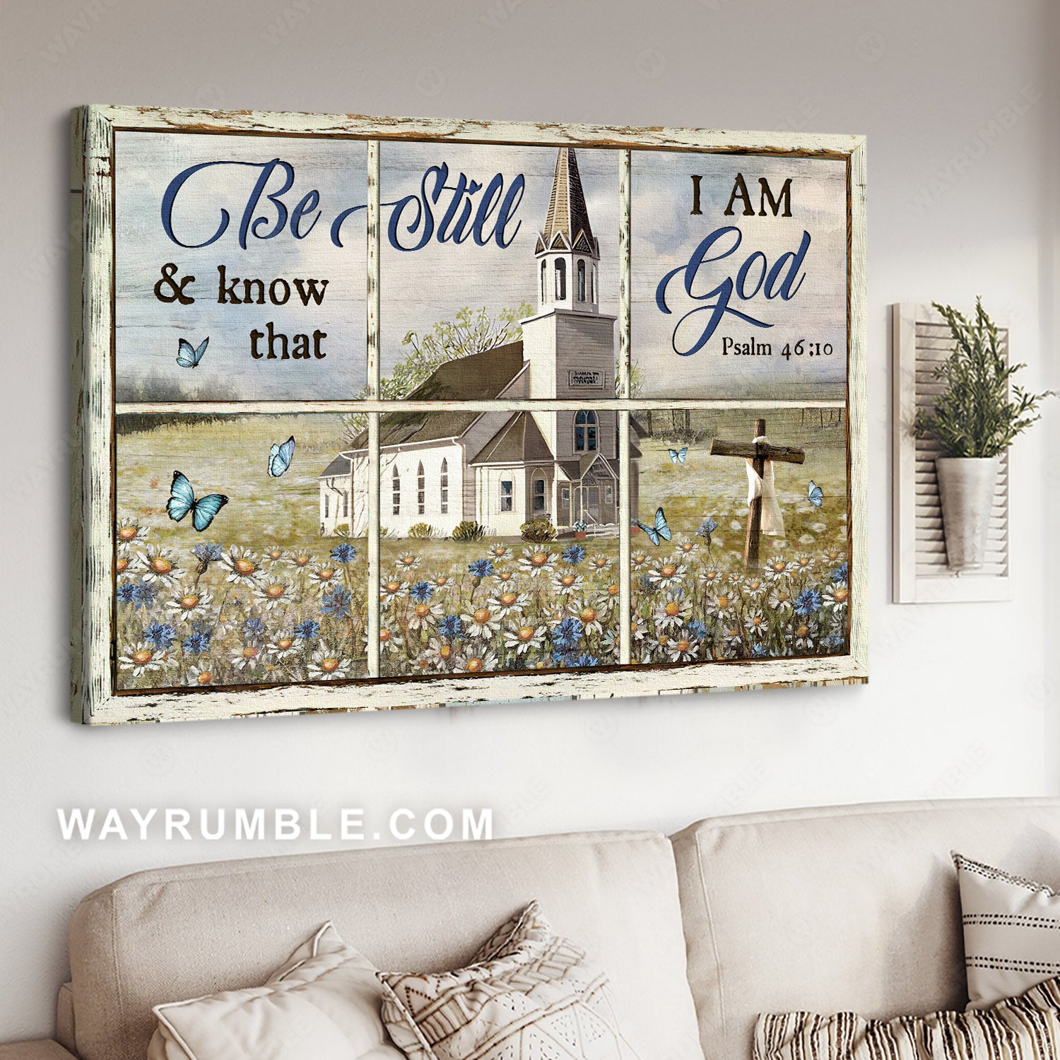 Beautiful church, Daisy garden, Old ruggred cross, Be still and know that I am God - Jesus Landscape Canvas Prints, Christian Wall Art