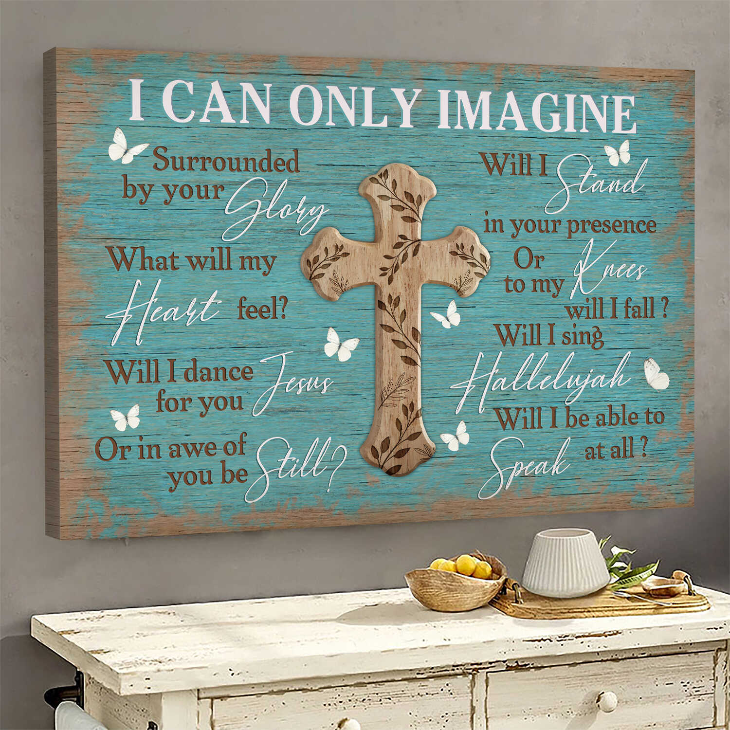 Vintage Cross, Blue background, Butterfly, I can only imagine - Jesus Landscape Canvas Prints, Wall Art