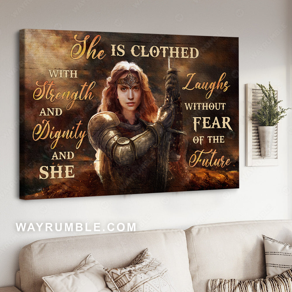 Woman warrior, Inspirational quote, She is clothed with strength and dignity - Jesus Landscape Canvas Prints, Christian Wall Art