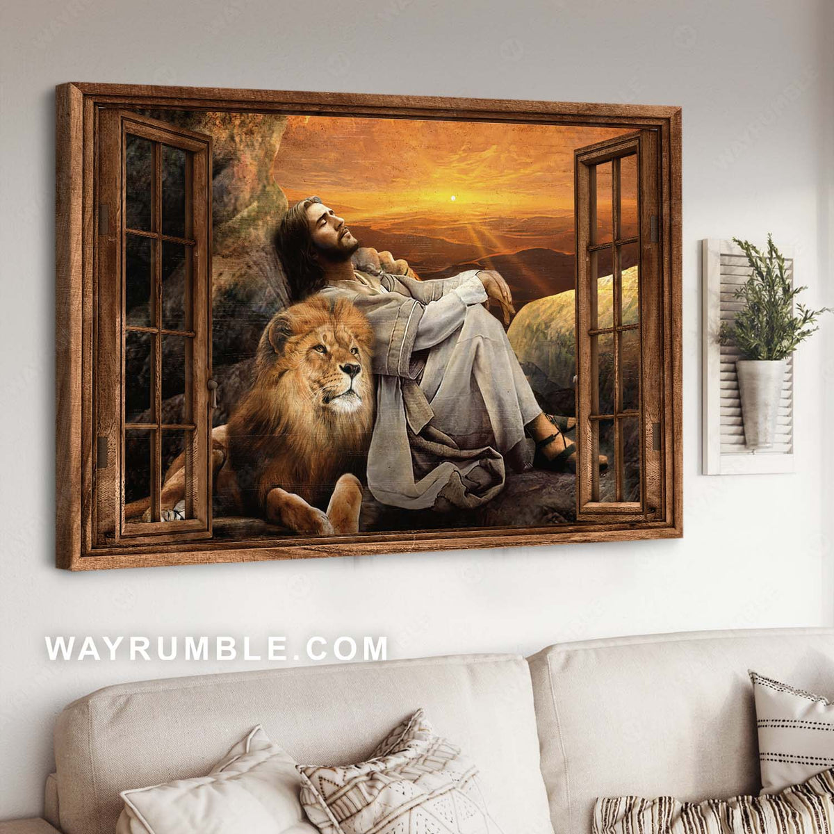 Beautiful sunset, Lion of Judah, Jesus painting, Wooden windows - Jesus Landscape Canvas Prints, Christian Wall Art