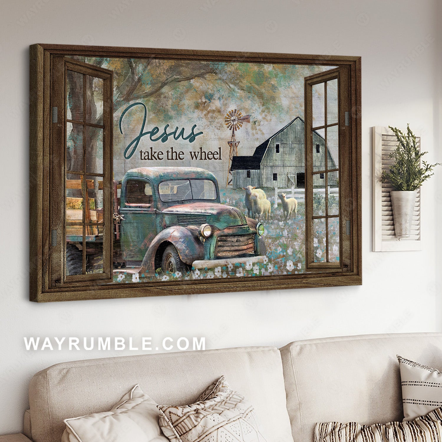 Farm painting, Old truck, Lamb of God, Jesus take the wheel - Jesus Landscape Canvas Prints, Home Decor Wall Art