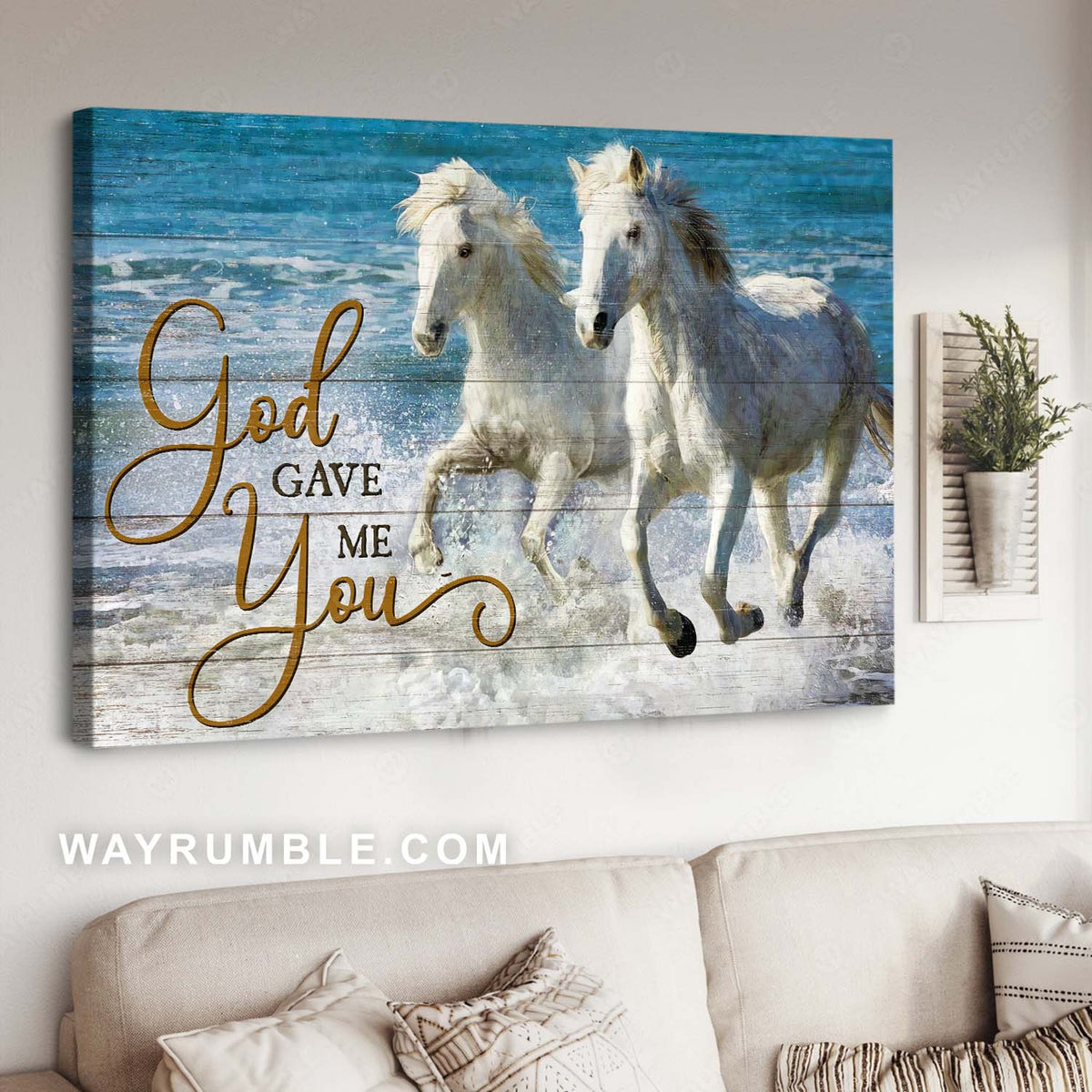 Horse couple, White horse, Happy relationship, On the beach, God gave me you - Jesus Landscape Canvas Prints, Home Decor Wall Art