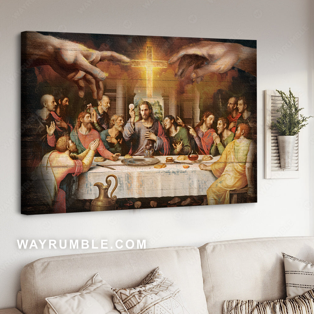Jesus painting, Religious art, Shining cross, Jesus at the table with his disciples - Jesus Landscape Canvas Prints, Christian Wall Art