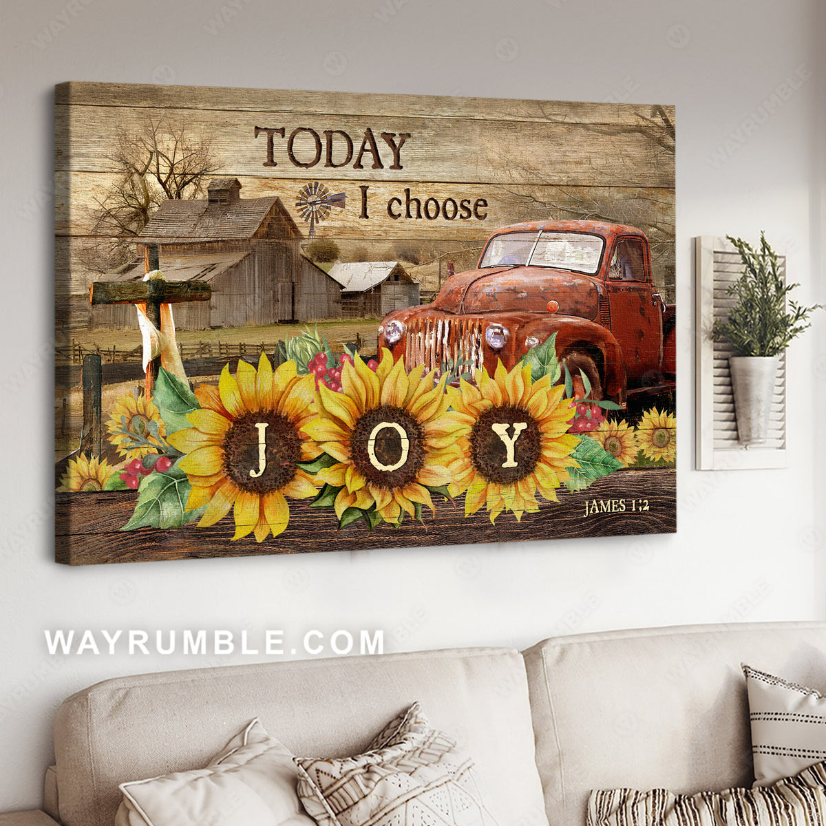 Old red truck, Sunflower drawing, Rustic farmhouse, Bible verse, Today I choose joy - Jesus Landscape Canvas Prints, Home Decor Wall Art