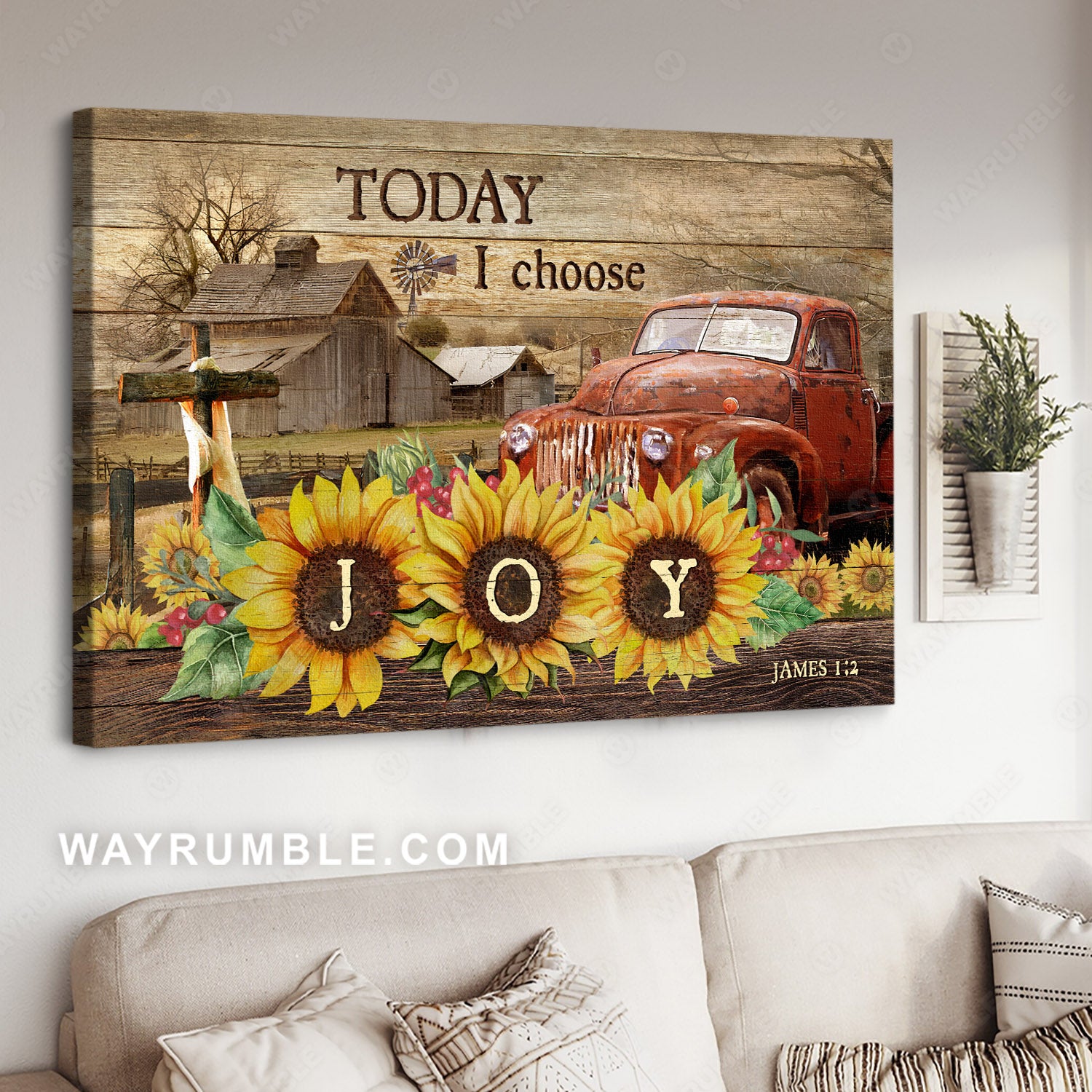 Old red truck, Sunflower drawing, Rustic farmhouse, Bible verse, Today I choose joy - Jesus Landscape Canvas Prints, Home Decor Wall Art