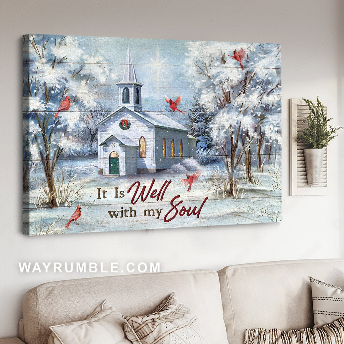 Catholic church, Winter season, Red cardinal drawing, It is well with my soul - Jesus Landscape Canvas Prints, Home Decor Wall Art