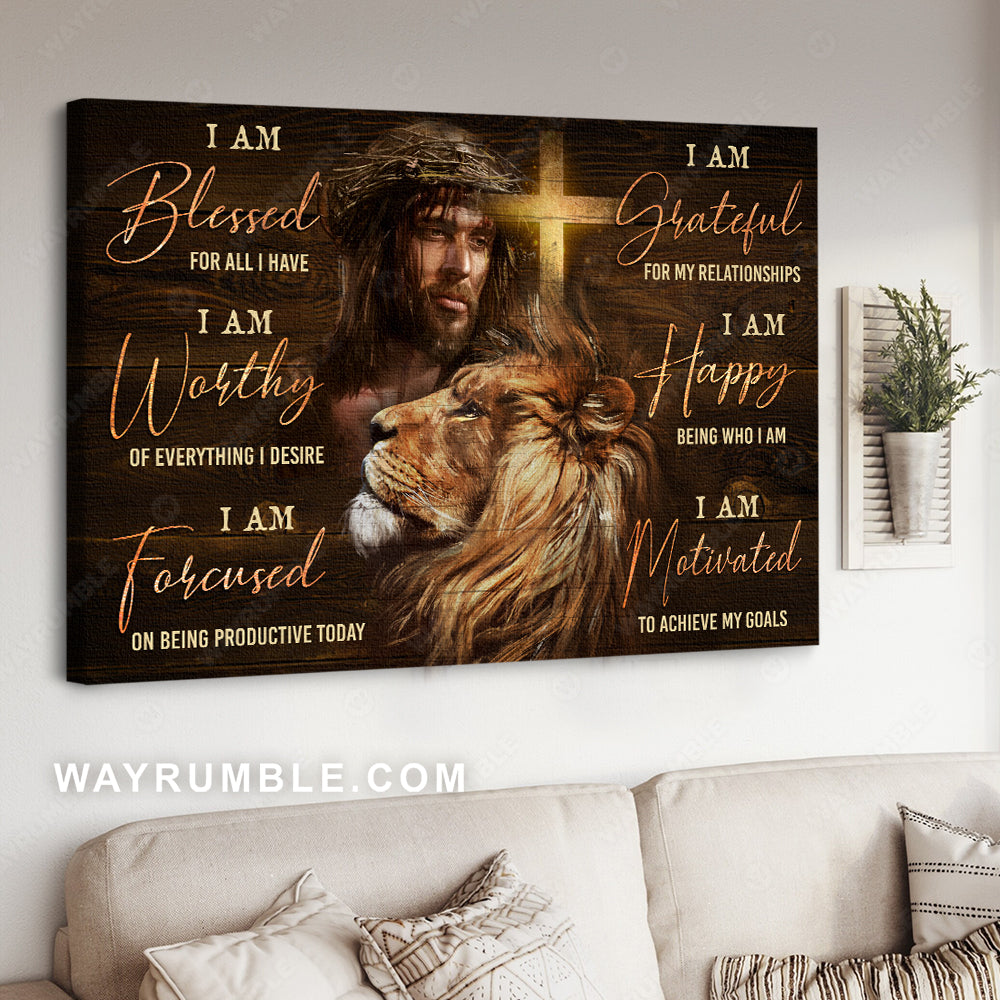 Abstract lion head, Jesus painting, Motivational quote, I am bless for all I have - Jesus Landscape Canvas Prints, Christian Wall Art