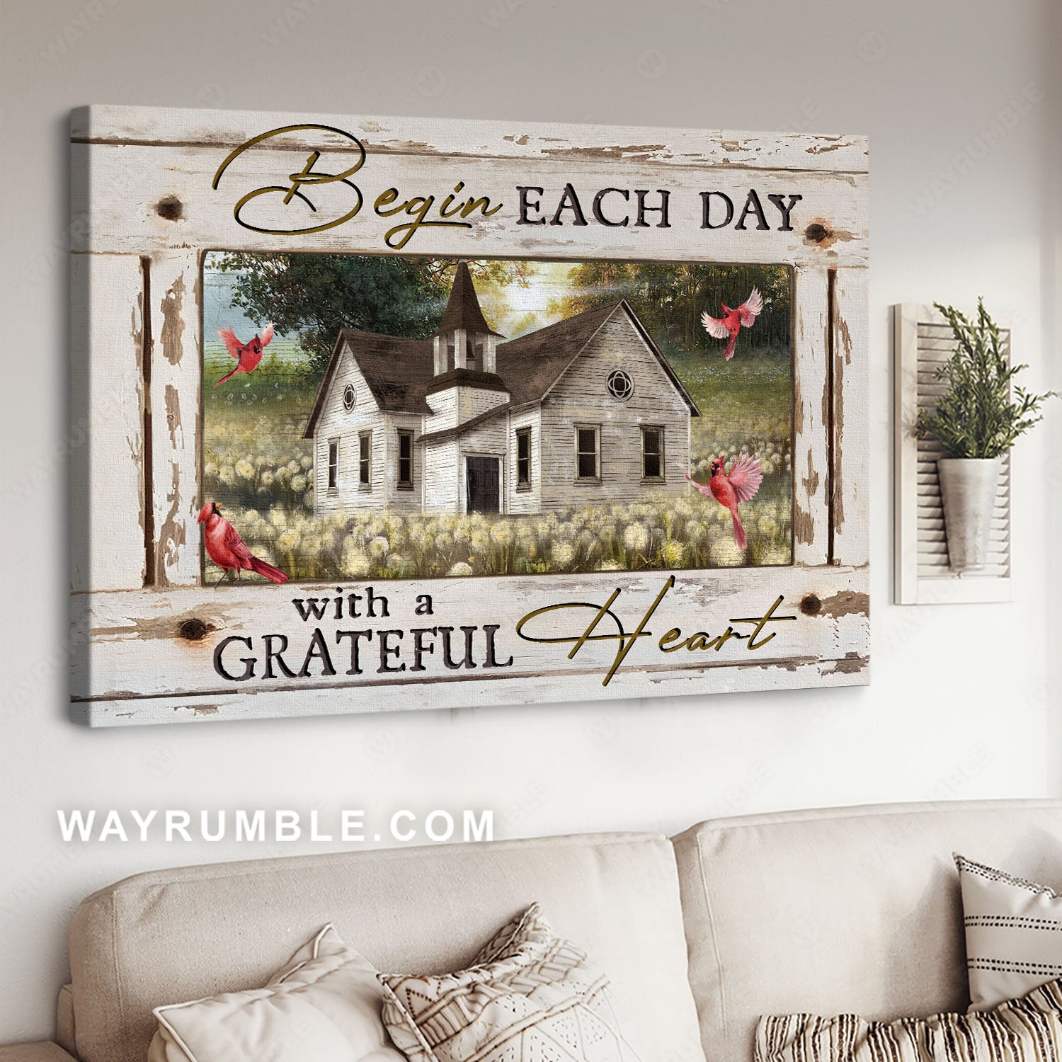 Vintage church, Red cardinal, Dandelion field, Begin each day with a grateful heart - Jesus Landscape Canvas Prints, Home Decor Wall Art