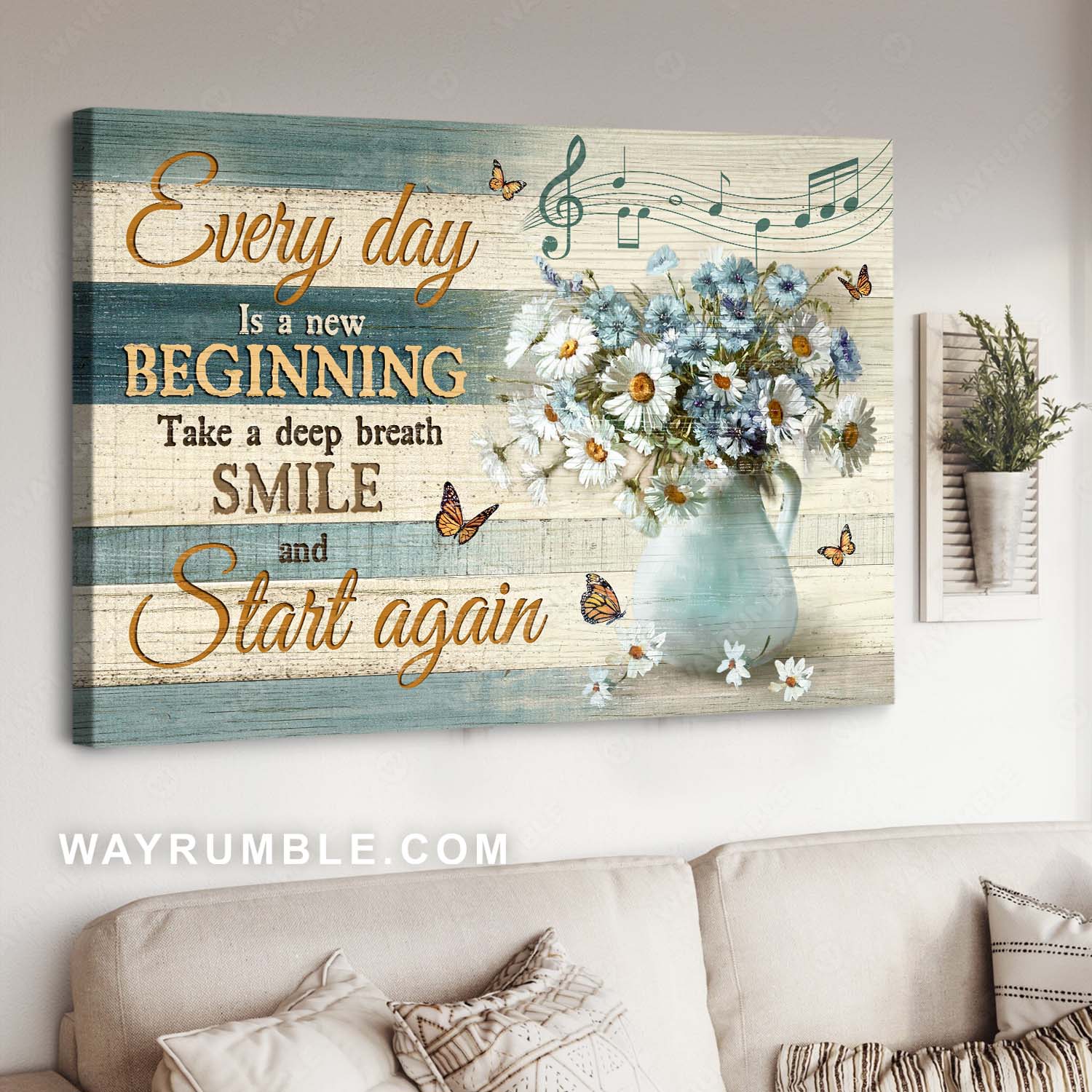 Daisy flower, Monarch butterfly, Ceramic vase, Every day is a new beginning - Jesus Landscape Canvas Prints, Home Decor Wall Art