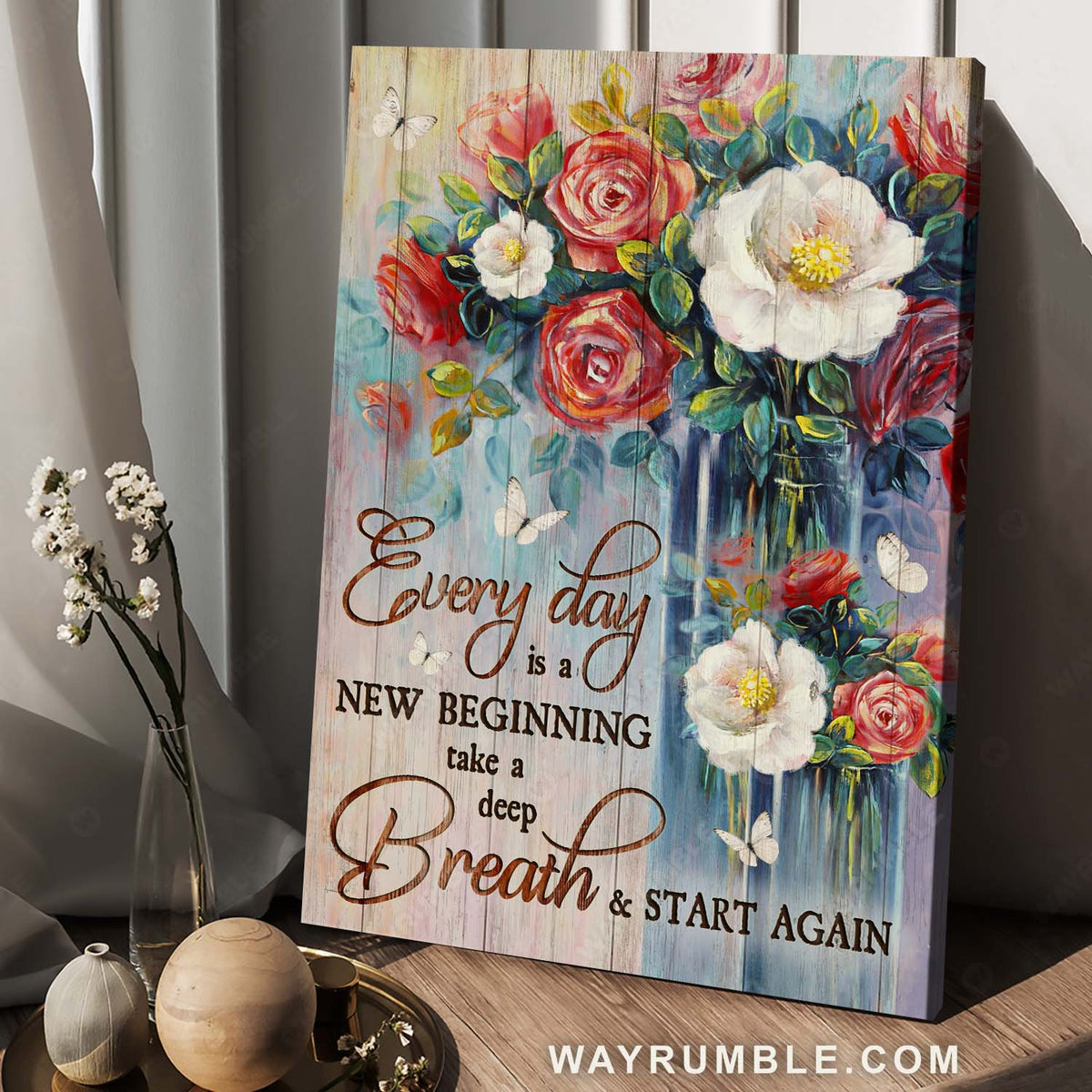 Gorgeous flower vase, Red rose, White butterfly, Every day is a new beginning - Jesus Portrait Canvas Prints, Home Decor Wall Art