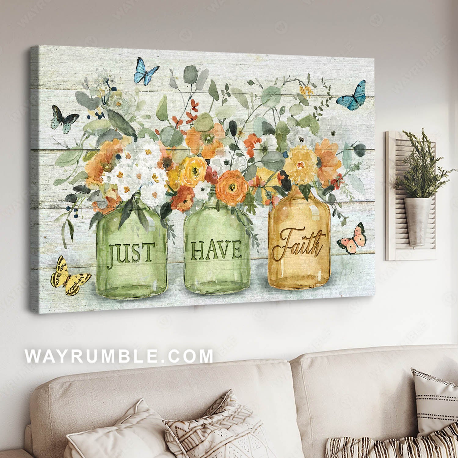 Stunning flower jar painting, Colorful butterflies, Just have faith - Jesus Landscape Canvas Prints, Christian Wall Art
