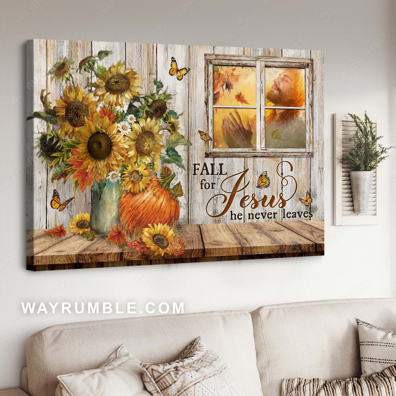Jesus painting, Rustic sunflower, Pumpkin drawing, Fall for Jesus, he never leaves - Jesus Landscape Canvas Prints, Home Decor Wall Art