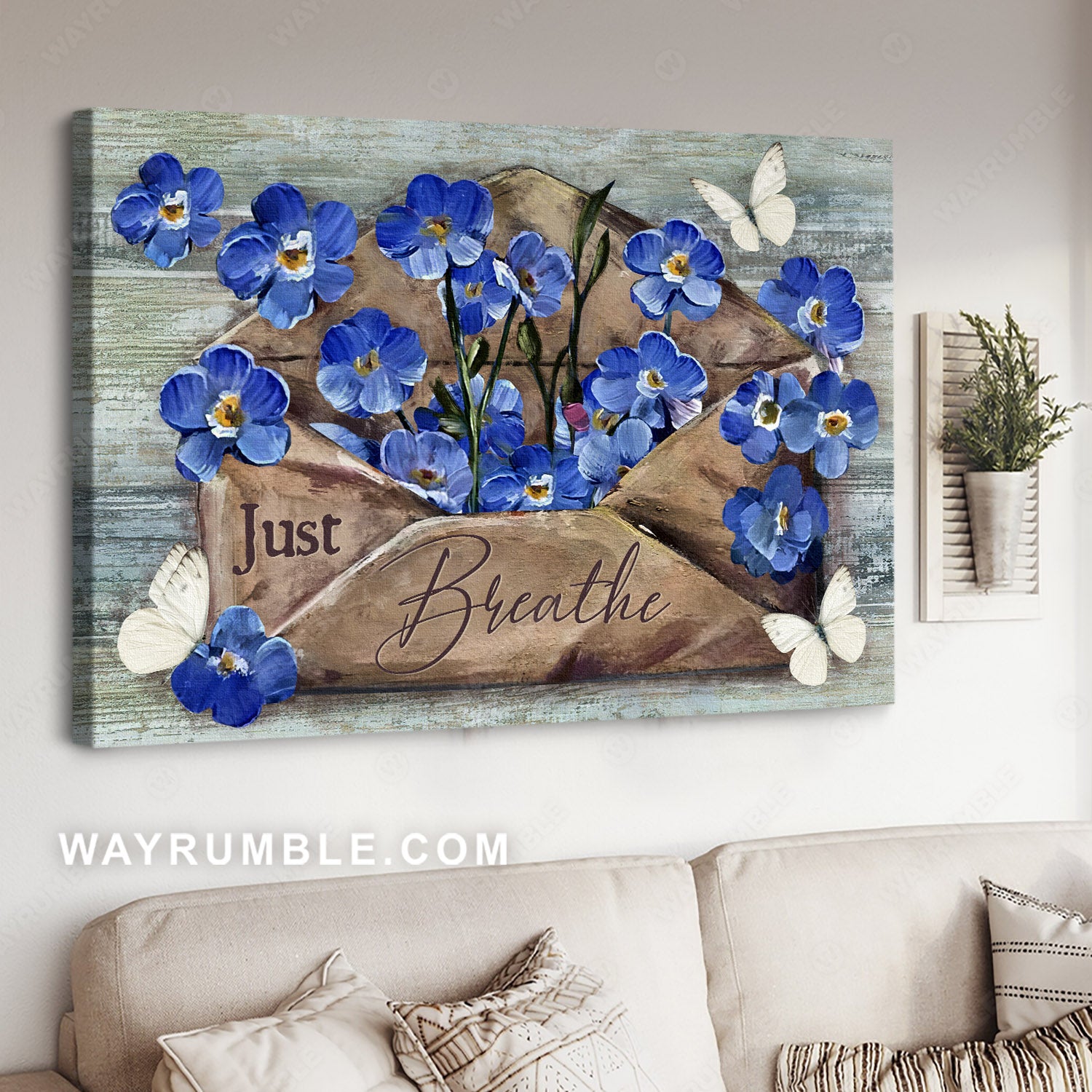 Blue flower, White butterfly, Abstract painting, Vintage letter, Just breathe - Jesus Landscape Canvas Prints, Home Decor Wall Art