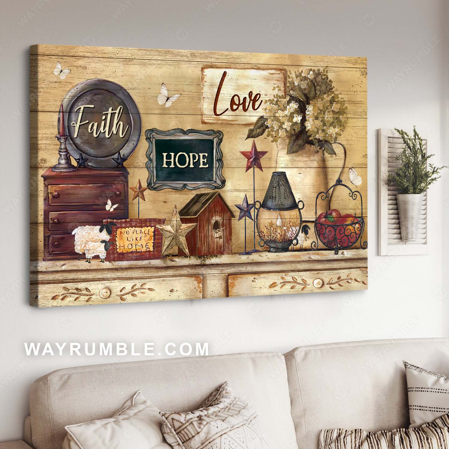 Vintage painting, Retro art, Inspiration quote, White butterfly, Faith Hope Love - Jesus Landscape Canvas Prints, Home Decor Wall Art