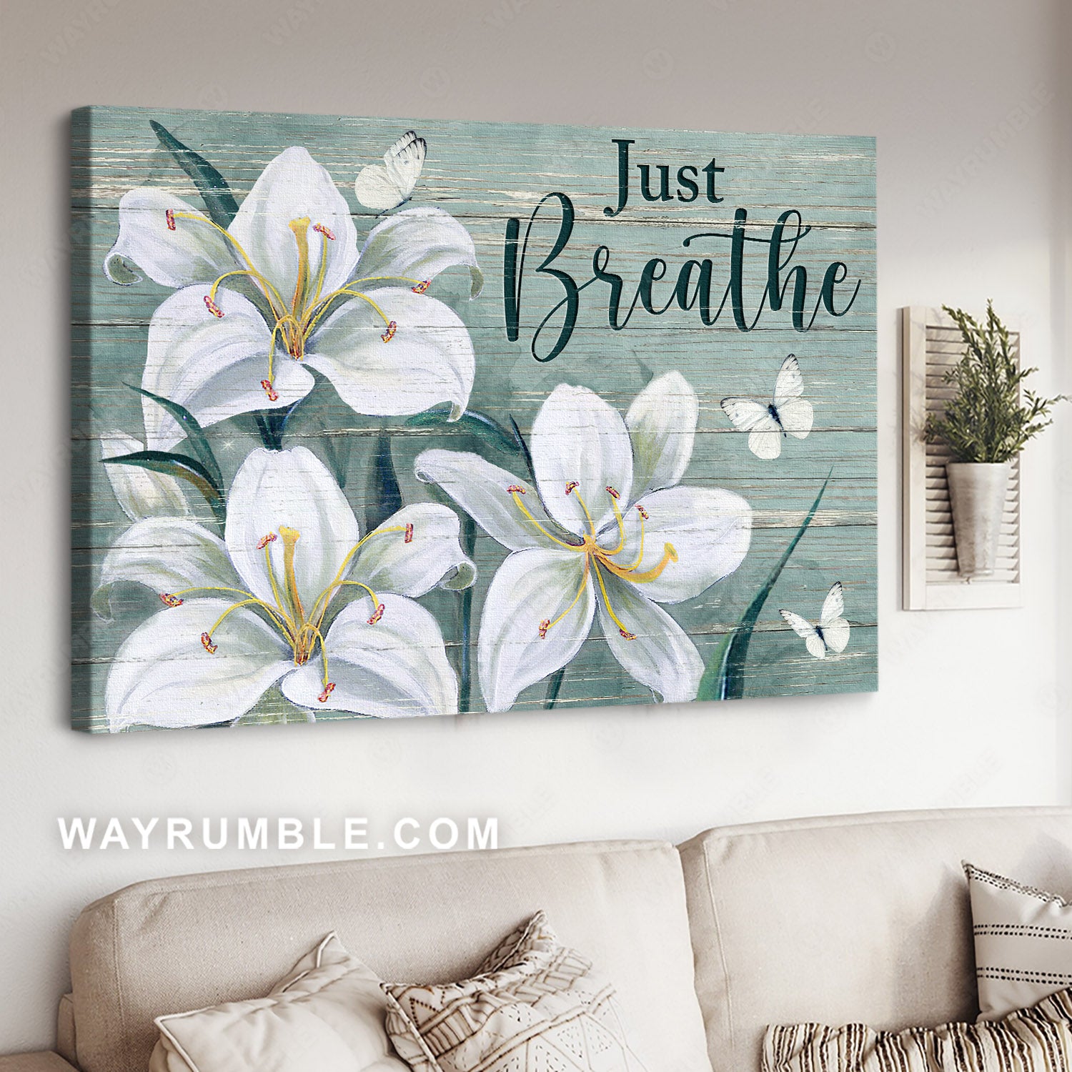 Gorgeous lily flower, White butterfly, Vintage art, Just breathe - Jesus Landscape Canvas Prints, Home Decor Wall Art