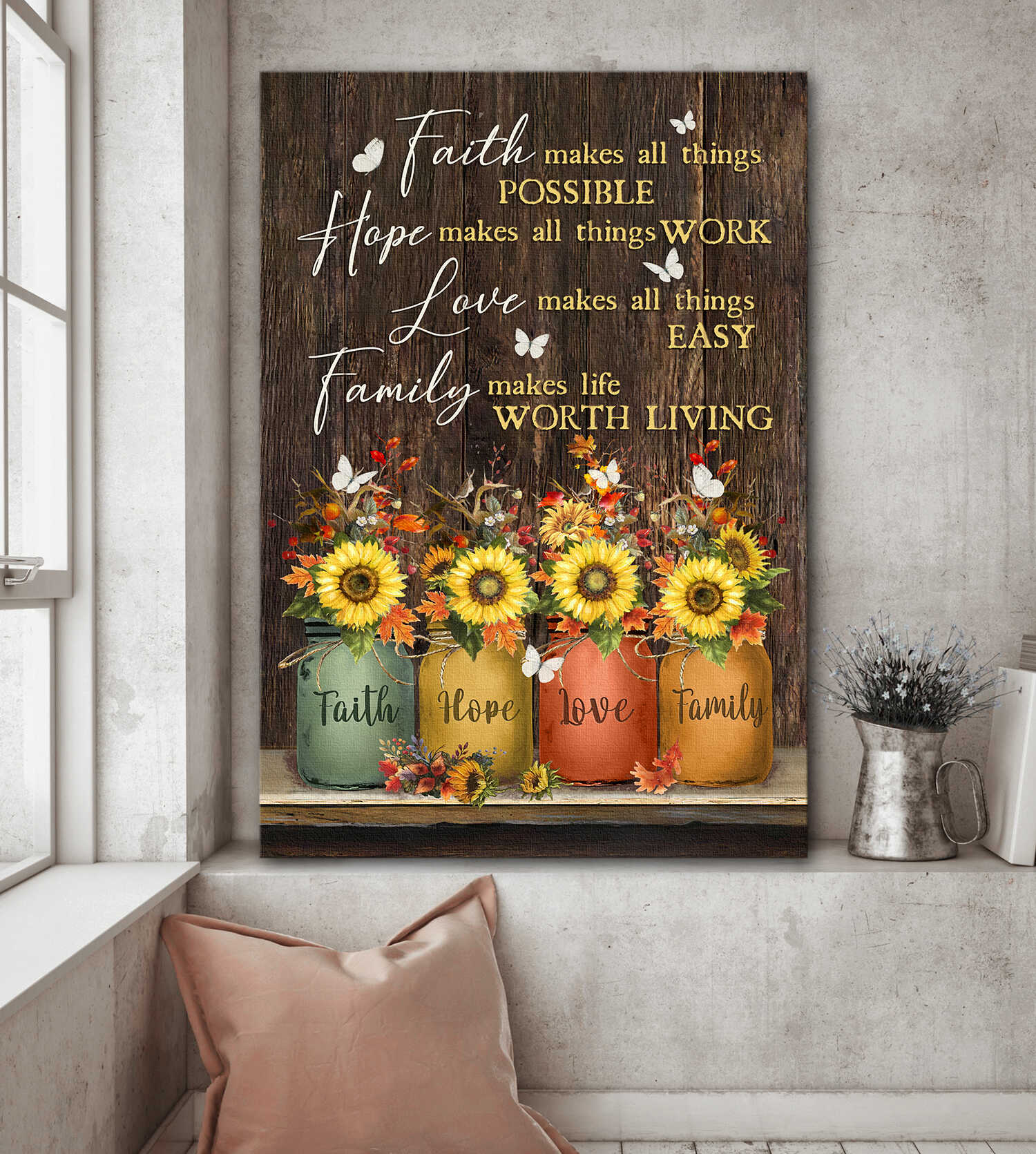 Sunflower jar, Butterfly, Faith, hope, love, family - Jesus Portrait Canvas Prints, Wall Art