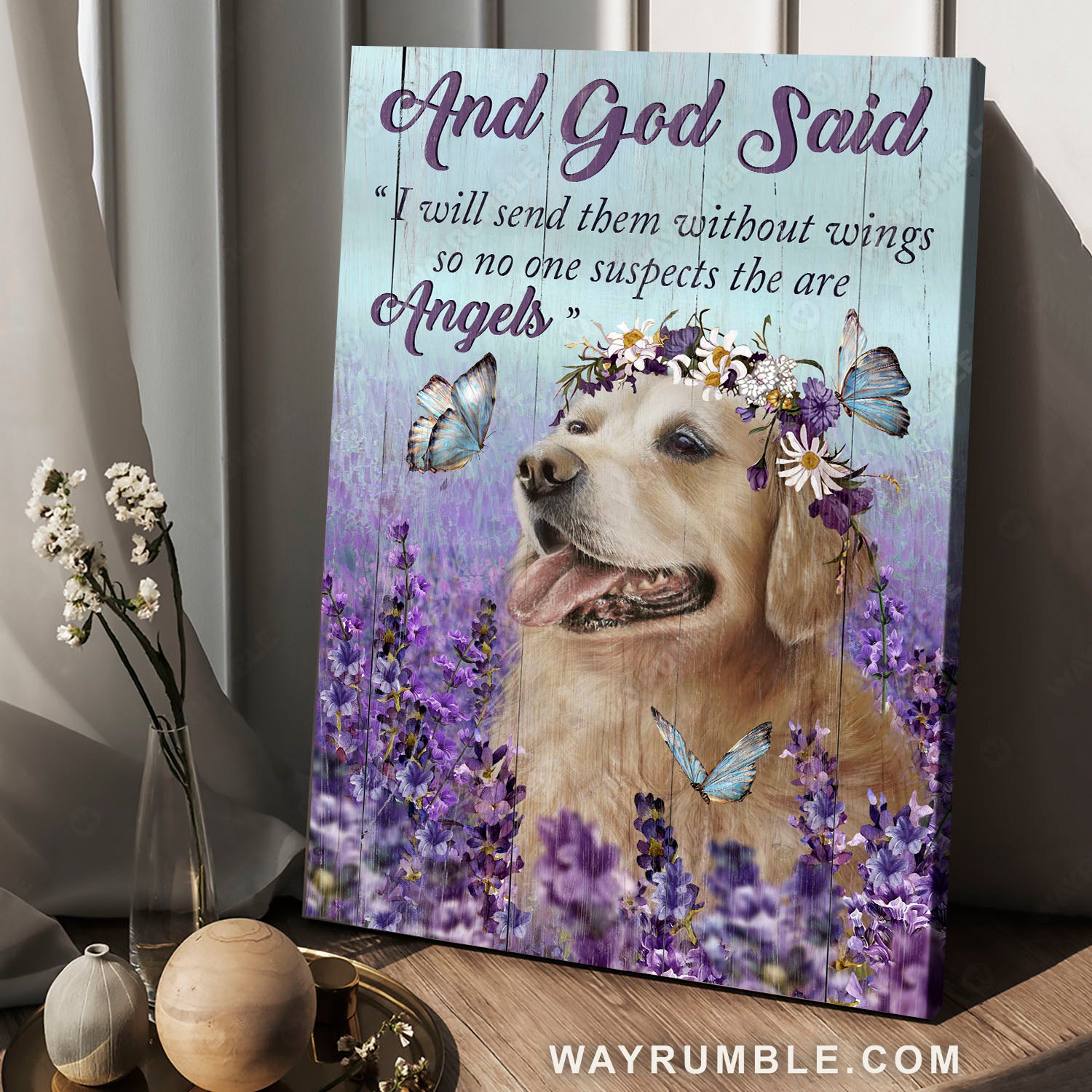 Golden Retriever, Lavender field, Blue butterfly, Lovely angel, And God said - Jesus Portrait Canvas Prints, Home Decor Wall Art