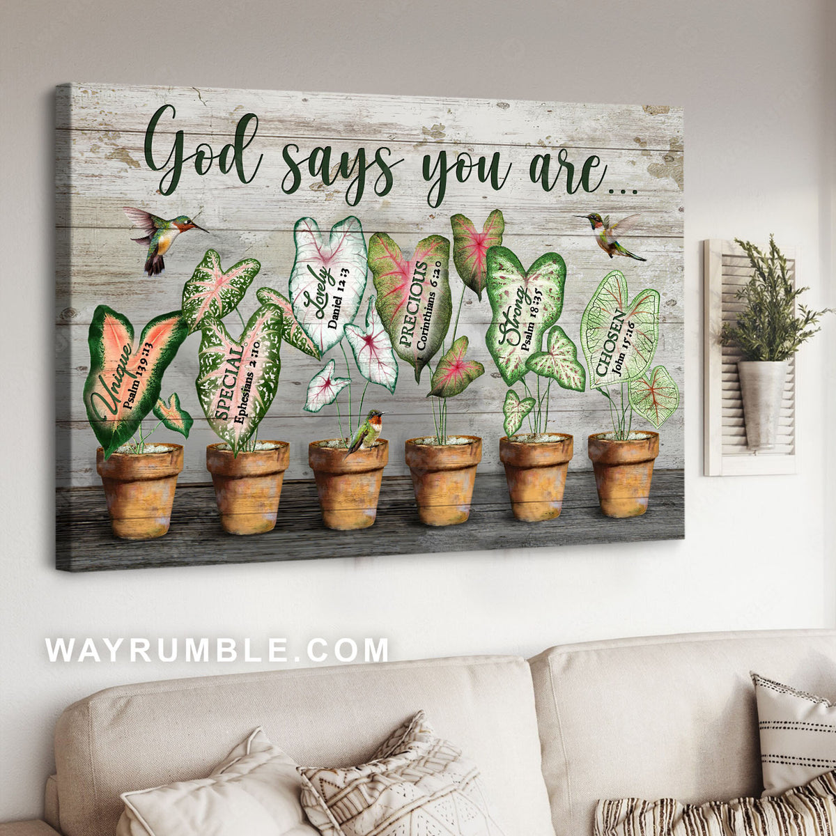 Hummingbird painting, Awesome caladium pots, God says you are - Jesus Landscape Canvas Prints, Christian Wall Art