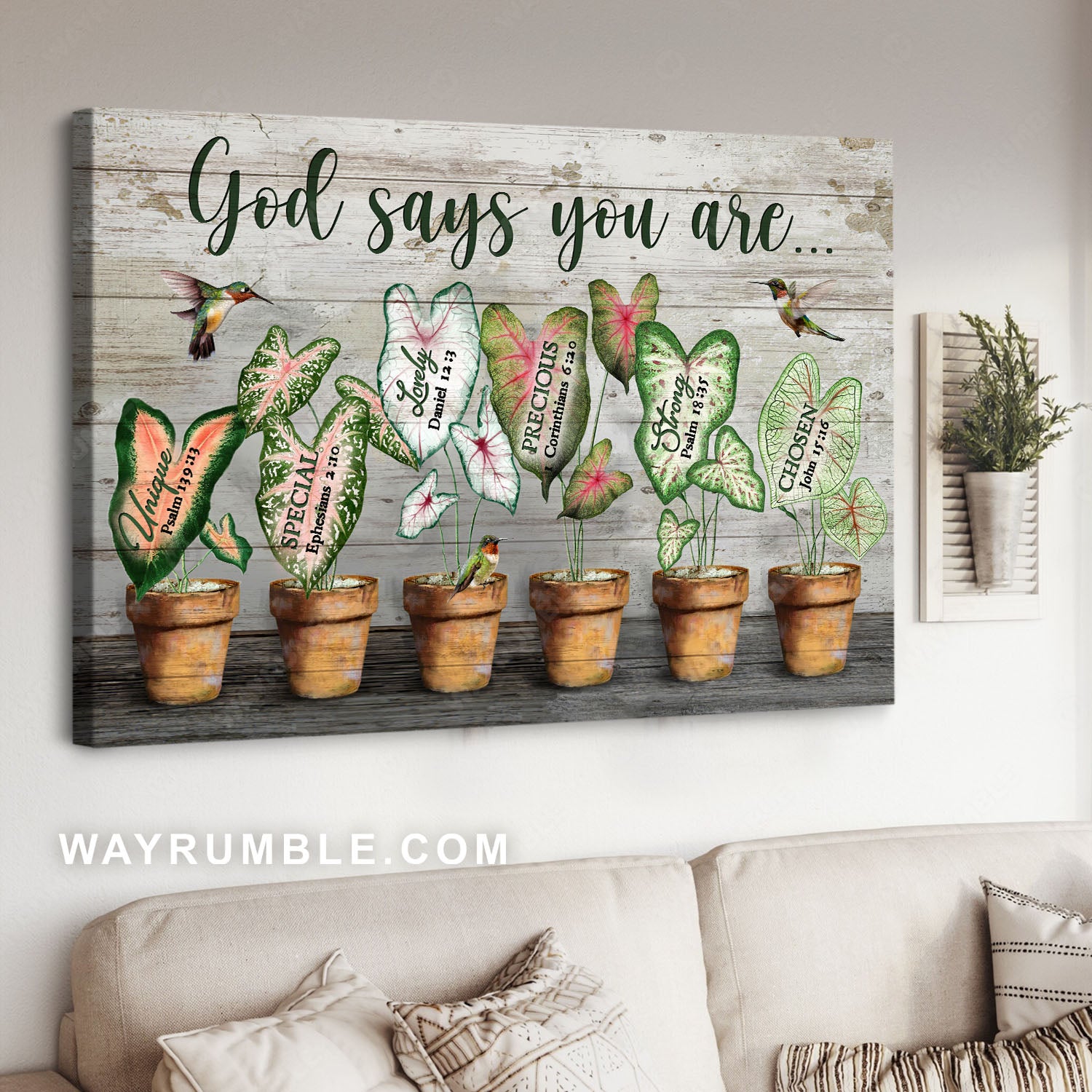 Hummingbird painting, Awesome caladium pots, God says you are - Jesus Landscape Canvas Prints, Christian Wall Art