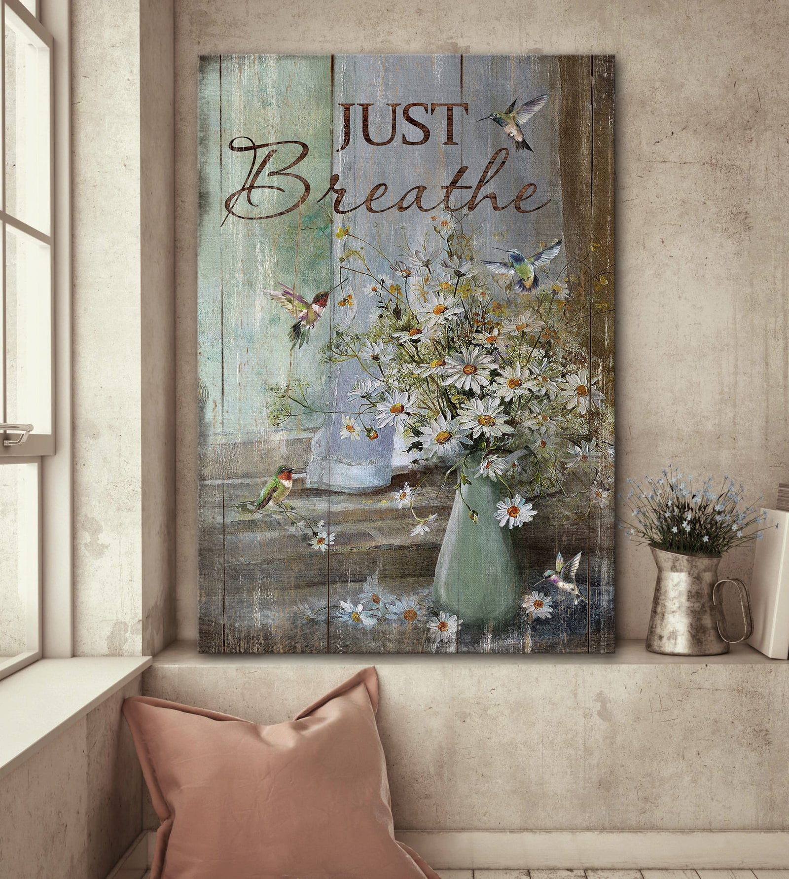 Vintage Flower Vase, Just breathe - Daisy flower, Hummingbird, Jesus Portrait Canvas Prints, Wall Art