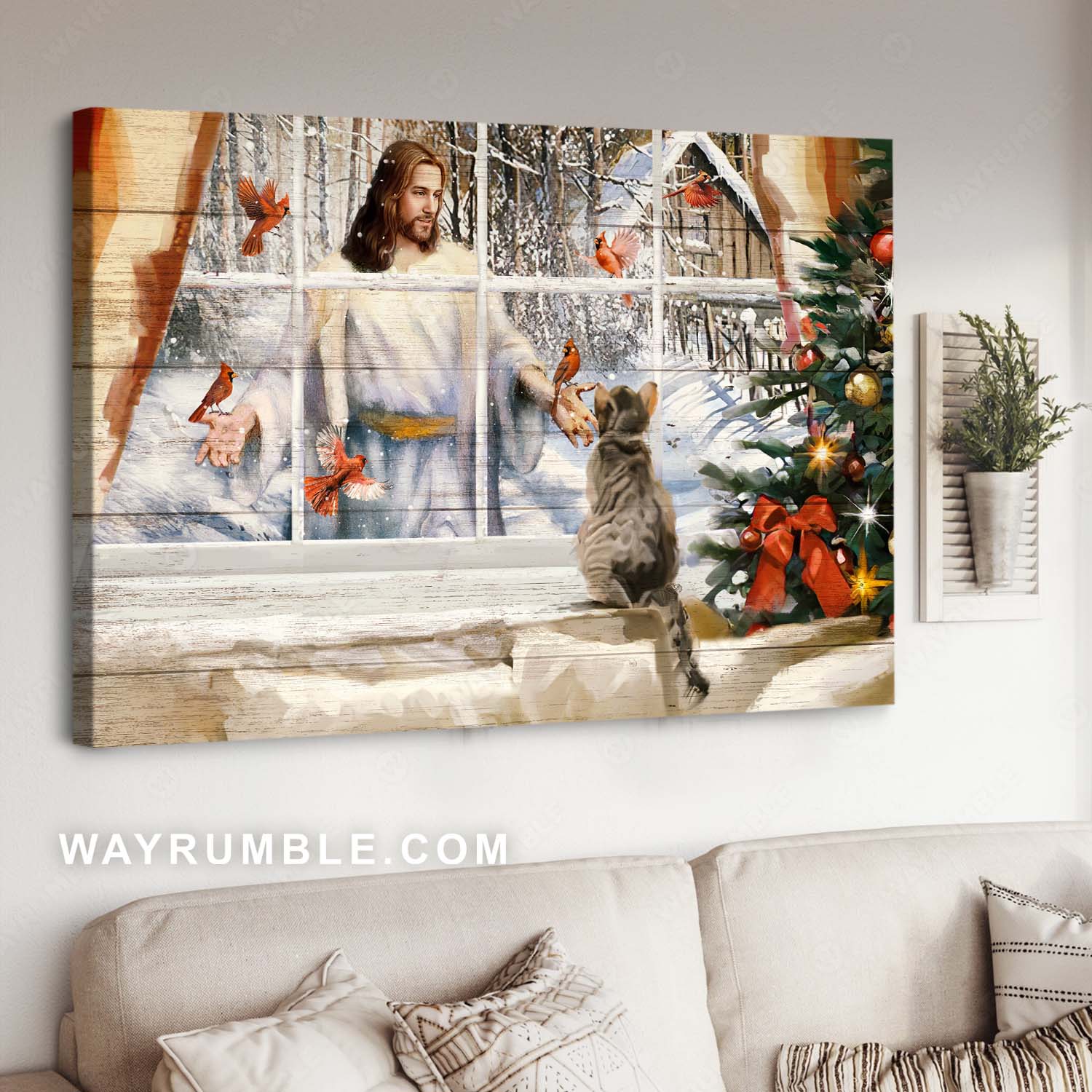 Cute cat, Christmas tree, Red cardinal, Beautiful Jesus painting - Jesus Landscape Canvas Prints, Christian Wall Art