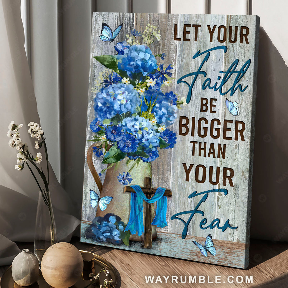 Stunning flower painting, Blue butterfly, Let your faith be bigger than your fear - Jesus Portrait Canvas Prints, Christian Wall Art