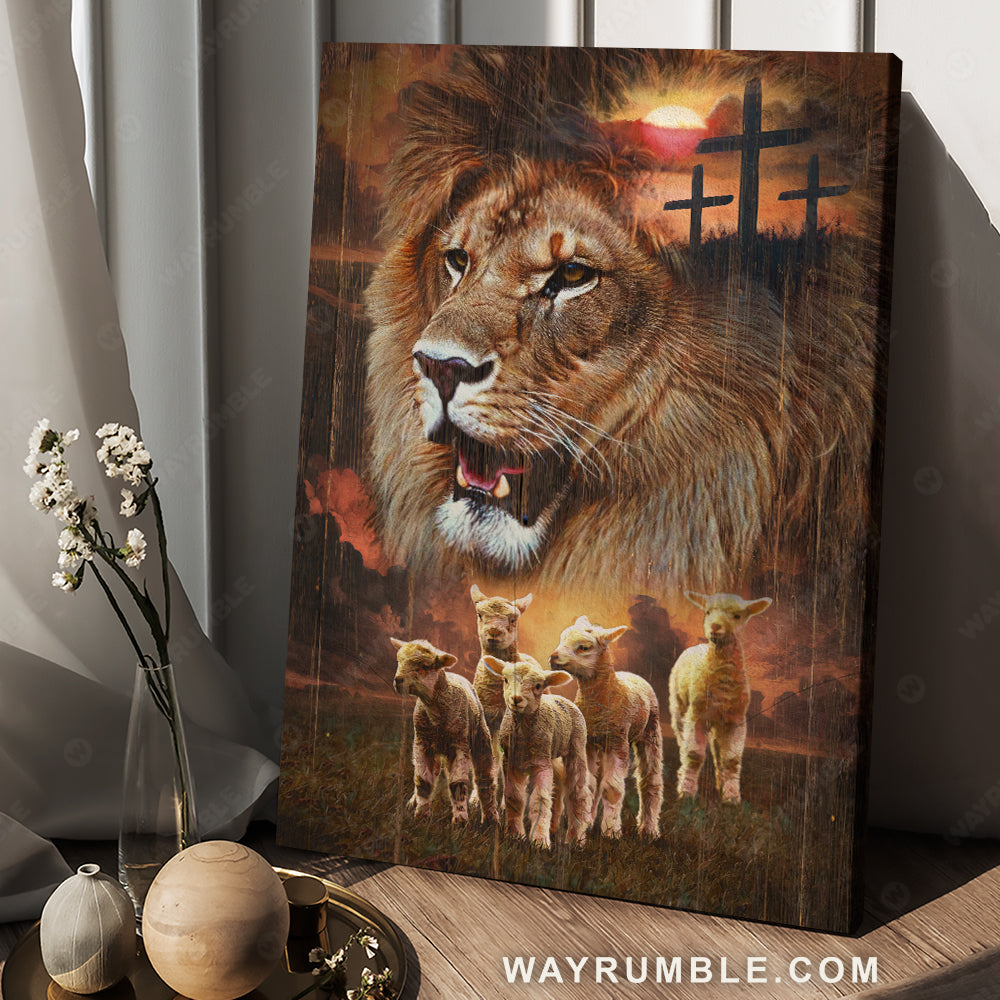 Amazing Lion of Judah, Lamb of God, Three crosses on hill - Jesus Portrait Canvas Prints, Christian Wall Art