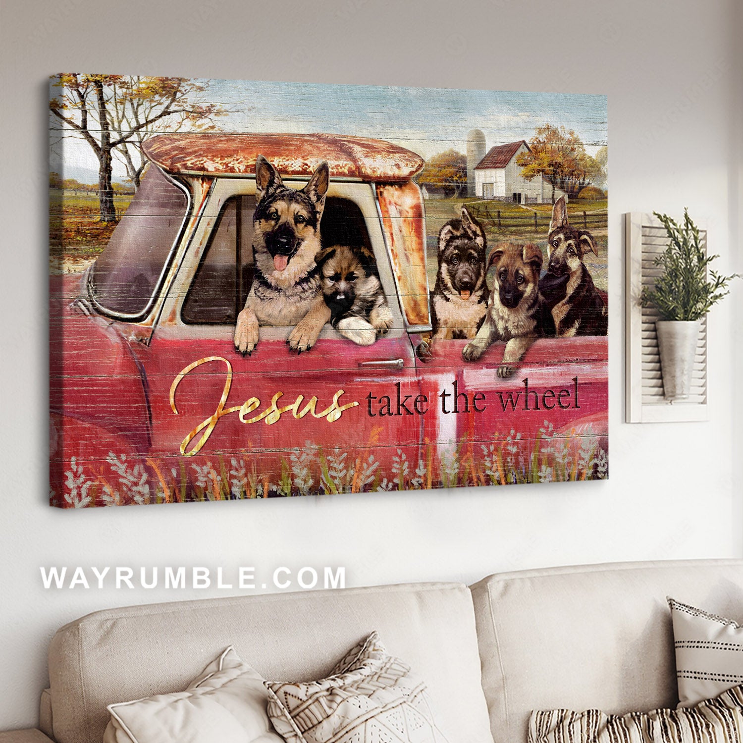 German Shepherd, Old red truck, Farm painting, Jesus take the wheel - Jesus Landscape Canvas Prints, Home Decor Wall Art