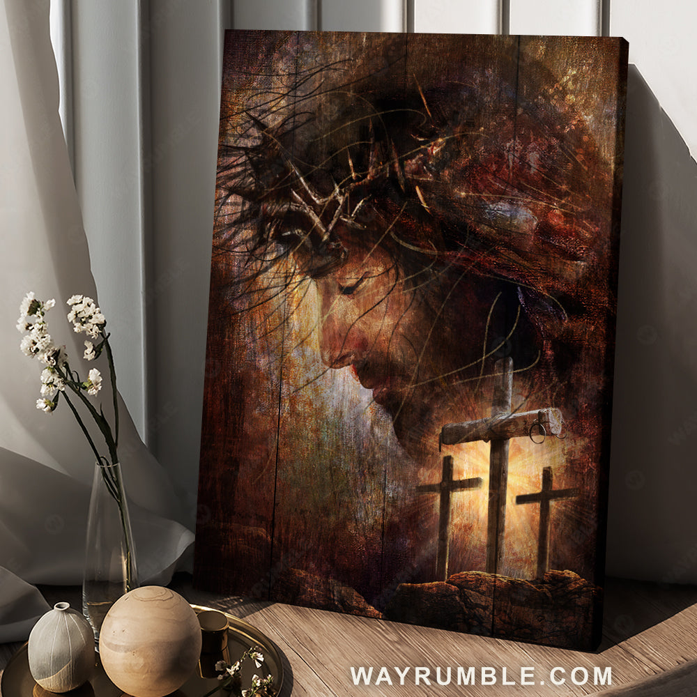 Crown of thorns, Three wooden crosses, Mesmerizing Jesus Christ painting - Jesus Portrait Canvas Prints, Christian Wall Art