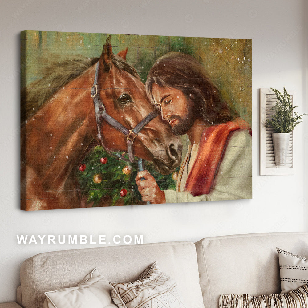 Brown horse, Jesus painting, Christmas tree drawing, Christmas decoration - Jesus Landscape Canvas Prints, Christian Wall Art
