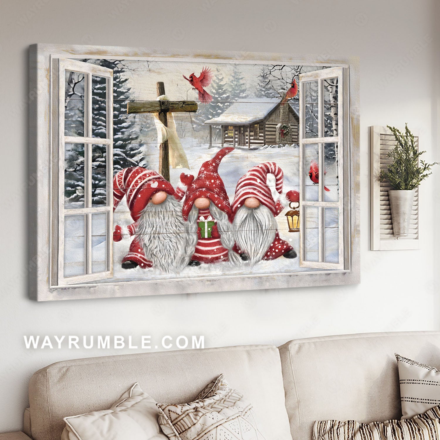 Christmas elf, Red cardinal, Winter season, Merry Christmas - Jesus Landscape Canvas Prints, Home Decor Wall Art