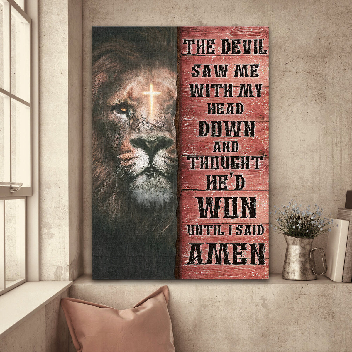 Lion of Judah, Light Cross, The devil thought he's won until I said Amen - Jesus Portrait Canvas Prints, Wall Art