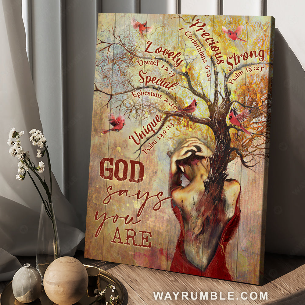 Abstract tree painting, Red cardinal, Autumn season, Bibble verses, God says you are - Jesus Portrait Canvas Prints, Home Decor Wall Art