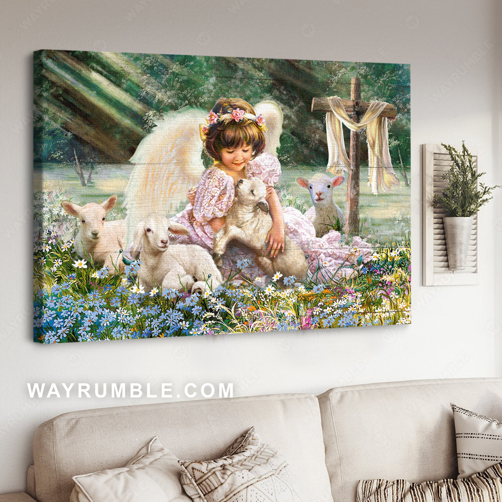 Flower field, Daisy flowers, Lamb of God, Wooden cross, Pretty little angel - Jesus Landscape Canvas Prints, Home Decor Wall Art