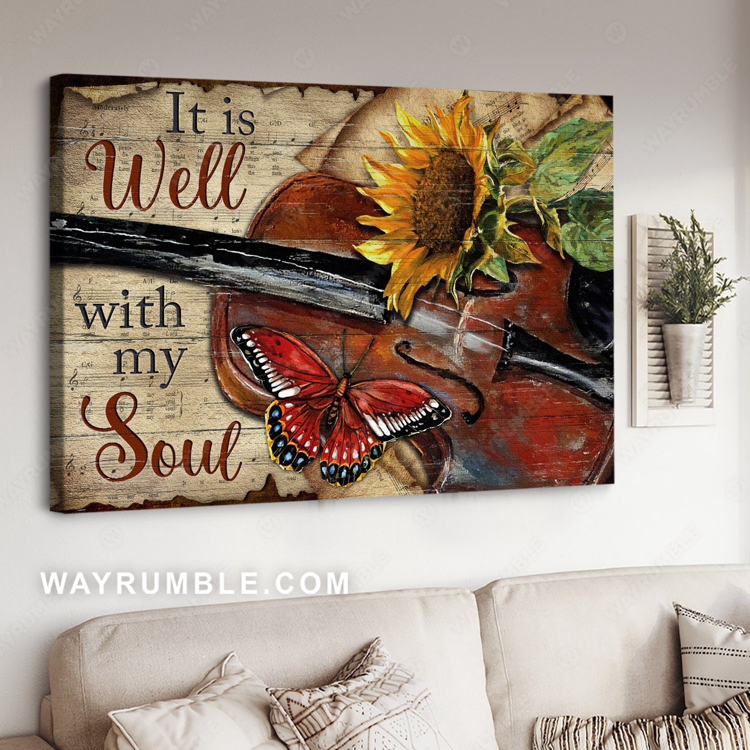 Vintage violin, Watercolor butterfly, Lovely sunflower, It is well with my soul - Jesus Landscape Canvas Prints, Home Decor Wall Art