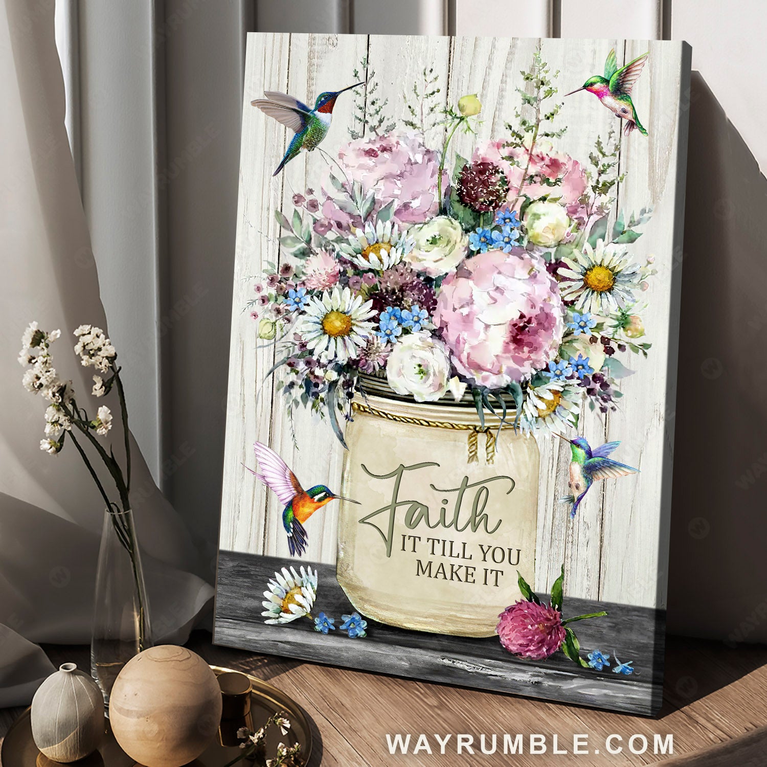 Abstract hummingbird, Colorful flower, Watercolor flower, Faith it till you make it - Jesus Portrait Canvas Prints, Home Decor Wall Art