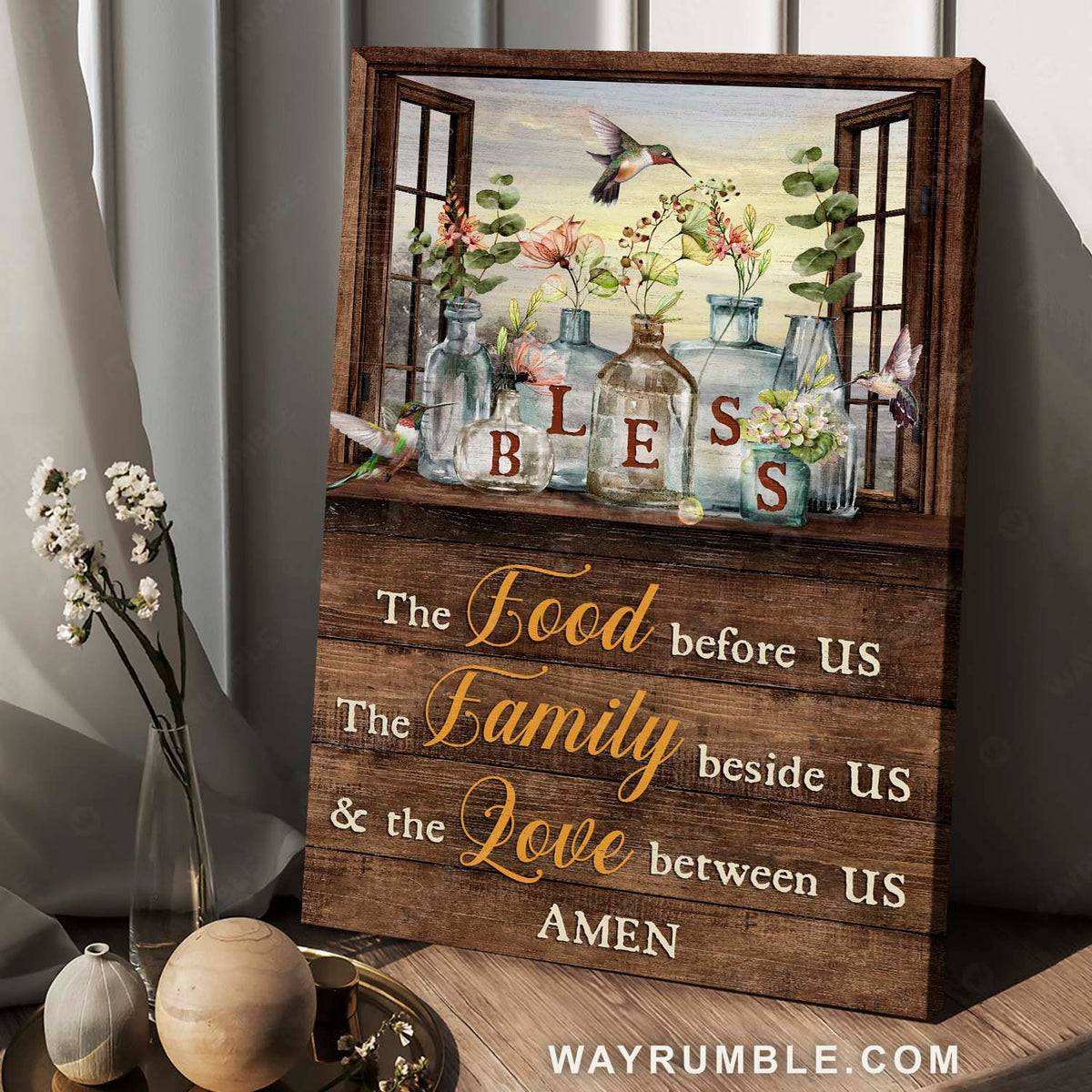 Pretty hummingbird, Gorgeous flower jar, Window frame, Bless the love between us - Jesus Portrait Canvas Prints, Christian Wall Art