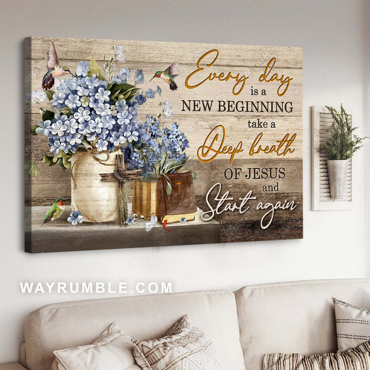 Hummingbird drawing, Blue flower, Motivational art, Every day is a new beginning - Jesus Landscape Canvas Prints, Home Decor  Wall Art